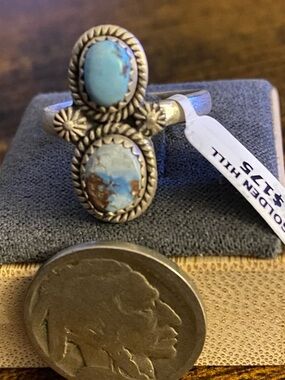 925 Sterling Silver Adjustable Golden Hills Blue Turquoise Double Stone Ring